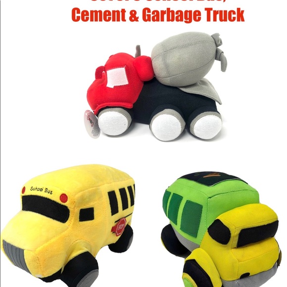 Set of 3 School Bus, Cement Truck & Garbage Truck Soft Plush 10” - Picture 1 of 10